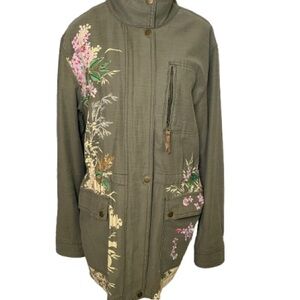 Anthropologie Khaki Floral Embroidered Utility Jacket